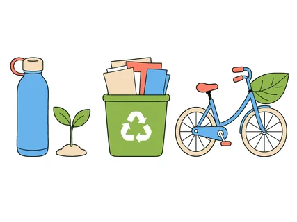 A collection of simple, flat design illustrations representing eco-friendly practices and a healthy lifestyle