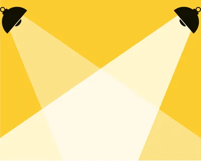Two spotlights illuminate a bright yellow background with converging beams of light