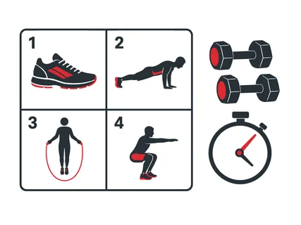 A visual guide illustrating a four-step workout plan featuring a running shoe, push-ups, jump rope, and squats alongside dumbbells and a stopwatch