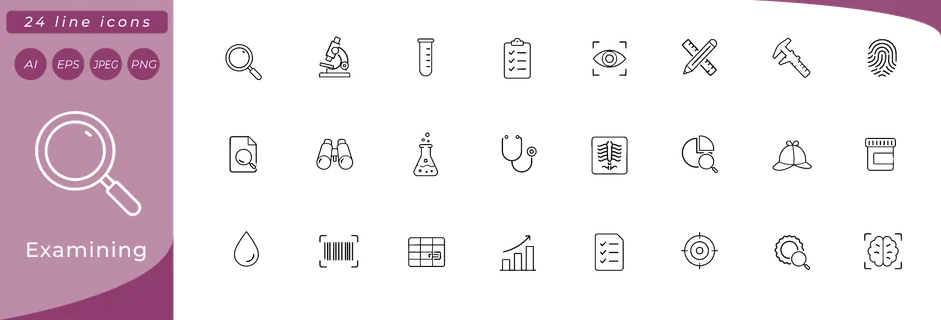 Examining: magnifying glass, microscope, test tube, clipboard with checklist, eye with scan lines, ruler and pencil crossed, caliper tool, fingerprint, document with magnifying glass badge