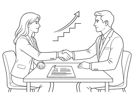 A man and woman in business attire shake hands across a table, symbolizing a successful agreement or job offer with upward career progression