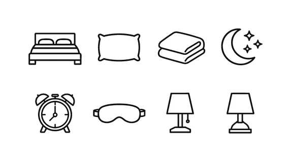 Sleep essentials: bed, pillow, blanket, moon, stars, alarm clock, sleep mask, bedside lamp.