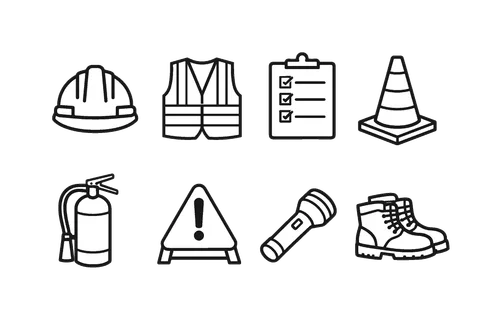 Safety inspection: hard hat helmet, safety vest, clipboard checklist, traffic cone, fire extinguisher, caution sign, flashlight, boots.