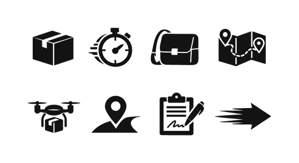 Instant delivery concept: package box, stopwatch, courier bag, map route, drone delivery, tracking pin, signature receipt, fast arrow.