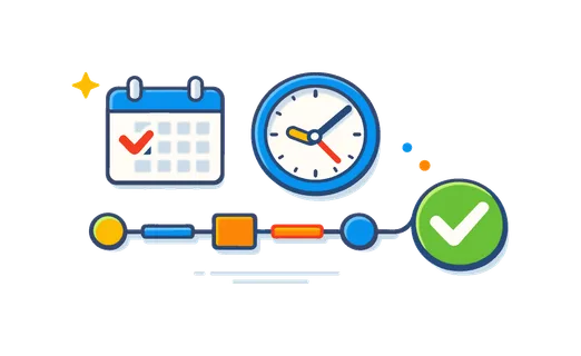 Work schedule organization scenario centered on coordinating meetings and tasks for smooth workflow execution, a simple timeline connected to a small checkmark icon