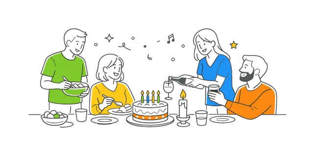 Seasonal festivity at home where friends or family prepare and enjoy a special occasion together, visualized through a decorated table with a cake and a candle as the