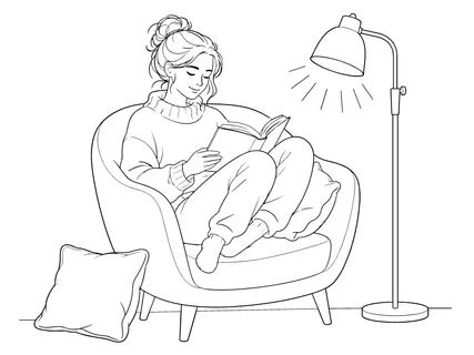 A tranquil scene featuring a person enjoying a book in a cozy chair under warm light