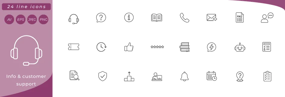 Info & customer support: headset, chat bubble with question mark, info circle, open book, telephone handset, email envelope with arrow, FAQ document, user silhouette with speech bubble, ticket stub