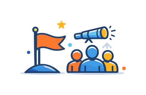 Team leadership scenario emphasizing motivating and coordinating individuals toward shared goals and success, a flag paired with a small group icon symbolizing vision and