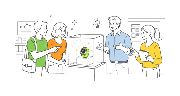 People interacting with modern retail or exhibition spaces featuring transparent glass displays to showcase products or information in a clean environment, illustrated