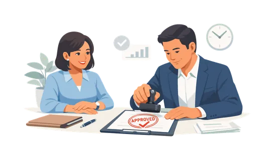 Business authorization moment where an individual grants permission and finalizes paperwork, highlighting efficiency, trust, and procedural completion in administrative