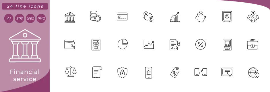 Financial service: bank building with columns, coin stack, credit card, currency exchange arrows, bar chart with upward trend, piggy bank, safe vault with dial, handshake with dollar badge, wallet