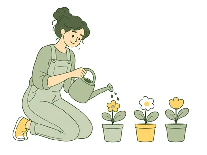 A young woman in overalls kneels and waters three potted flowers with a watering can, symbolizing growth and nurturing