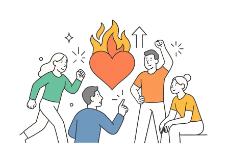 Motivation and inner drive in a personal growth or wellness setting where individuals pursue goals with energy and determination, visualized through a flaming heart