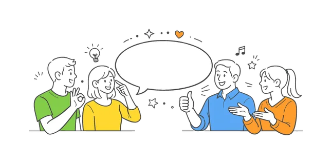 A modern communication and nonverbal interaction concept where people use hand gestures to express ideas and emotions in everyday situations, using a set of simple hand signs and a