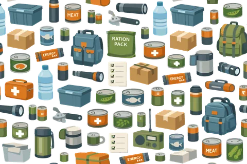 Emergency food supply seamless pattern for preparedness and survival kits featuring canned meat, canned fish, canned vegetables, water bottle, ration pack, energy bar, flashlight,