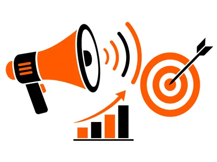 Illustration of a megaphone, a rising bar chart, and a bullseye target with an arrow, representing marketing strategy and achievement