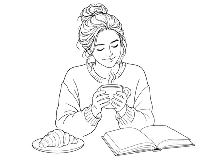 A serene moment captured as a woman savors her morning beverage, surrounded by leisure and comfort