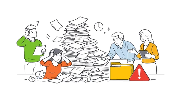 Process inefficiency and document management challenges in a business workflow where disorganized paperwork slows productivity and creates confusion, illustrated by a