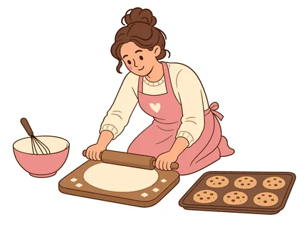 A cheerful woman in an apron kneads dough on a cutting board, with a bowl and whisk ready for ingredients and a tray of baked cookies