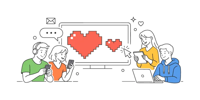 Digital love and online communication in a modern lifestyle context where people express emotions through virtual interactions and messaging platforms, represented by a
