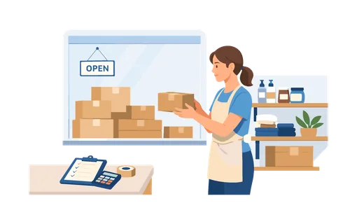 A small business retail scene showing an owner organizing products and preparing the store for customers, reflecting entrepreneurship, daily operations, and attention to