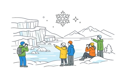 A frozen polar landscape appreciation scene where people explore the beauty of snowy ice caps and pristine winter environments together, expressed through a clear visual metaphor