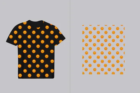 A playful and cheerful pattern featuring cartoon suns with happy faces, displayed on a black t-shirt and as a seamless repeat on a grey surface