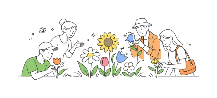 People exploring and appreciating different types of flowers in a calm natural or lifestyle setting to enjoy variety and beauty, illustrated through a clear metaphor of a