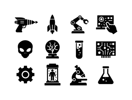 Retro sci-fi lab: ray gun, rocket model, robotic arm, holographic control panel, alien skull, energy orb, test tube, circuit board, mechanical gear, containment tank, microscope