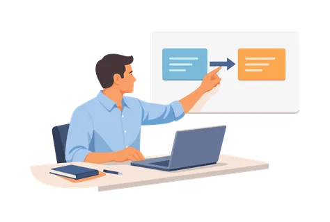 A professional improving task handoff clarity during a focused workflow moment, sitting at a desk with a laptop while organizing a simple transfer arrow between two