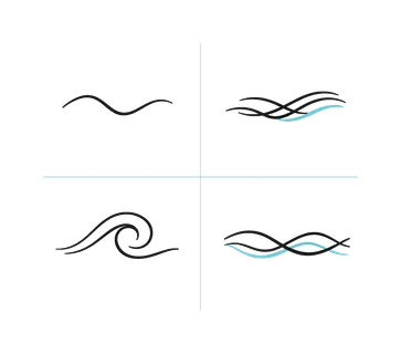 Wavy lines and flowing strokes representing dynamic movement and modern abstract graphic elements used in contemporary design layouts and backgrounds, visualized as four simple