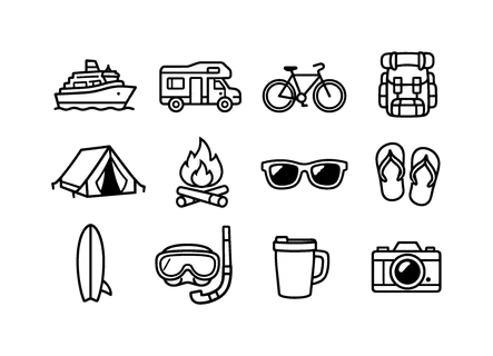Vacation travel activities: cruise ship, camper van, bicycle, hiking backpack, tent, campfire, sunglasses, flip flops, surfboard, snorkel mask, travel mug, photo camera