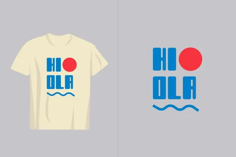A minimalist graphic featuring the words "Hi Ola" in bold blue letters with a red circle and blue wave element, presented on a t-shirt mockup and as a standalone design