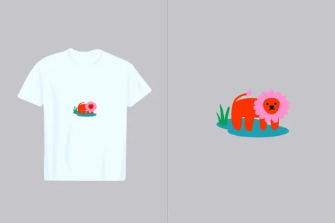 A playful illustration of a stylized orange lion with a pink mane and green grass, presented as a t-shirt graphic and a standalone design