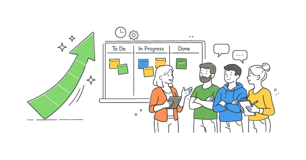 Product development stand-up meeting scenario where a team gathers near a large progress arrow and a simple kanban board with a few task cards, illustrating daily agile