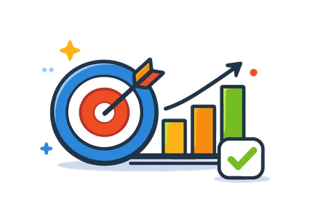 Outcome tracking and KPI alignment in business performance management for data-driven decision making, a target combined with a simple chart and a small checkmark