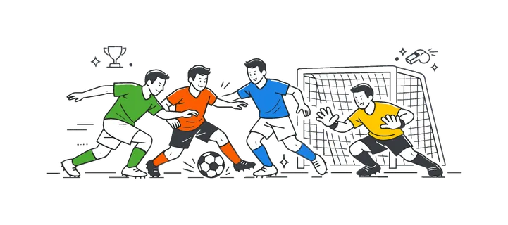A dynamic football match scenario where players compete on the field during an intense game, shown through a small group interacting near a simple goal post and soccer