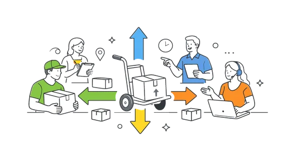 Team coordinating physical workload and transport tasks in a distribution process to ensure timely delivery, visualized with a metaphor of a central hand truck connected