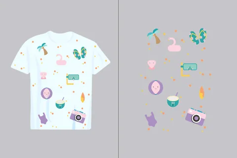 A collection of fun, cartoonish summer vacation elements including a flamingo, palm tree, flip-flops, and camera