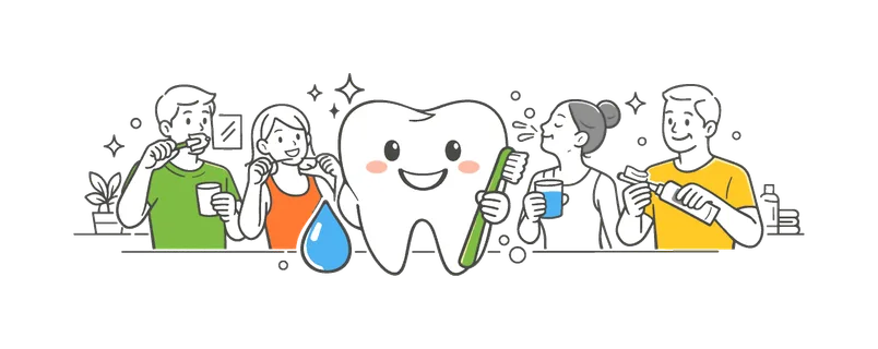Individuals maintaining daily oral hygiene habits as part of a healthy lifestyle routine at home, represented through a metaphor of a smiling tooth with simple care