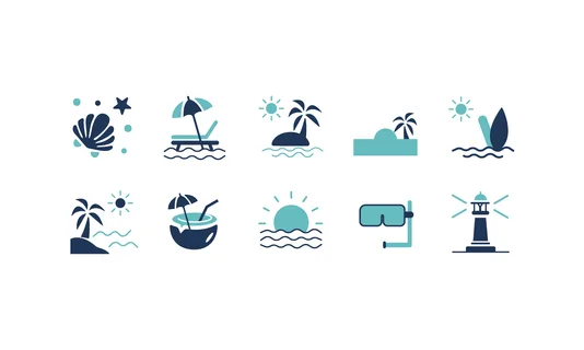 Collection of beach and ocean themed icons for summer vacation and travel