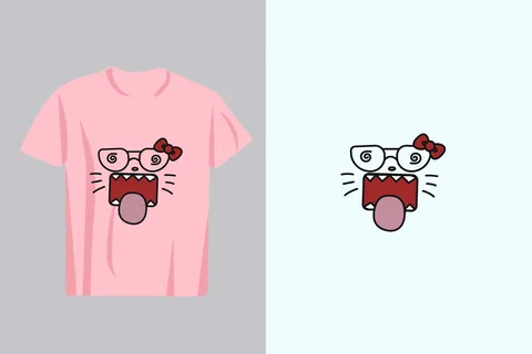 A playful and quirky illustration of a cat's face with swirling glasses, a red bow, and an open mouth with its tongue sticking out, presented on a pink t-shirt