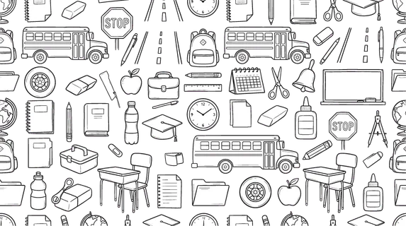 Student daily commute and learning environment concept focused on school bus travel combined with educational supplies and classroom organization. Objects of school bus, bus side,