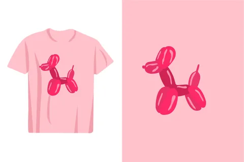 A playful pink t-shirt features a vibrant red balloon dog illustration, perfect for a fun and stylish outfit