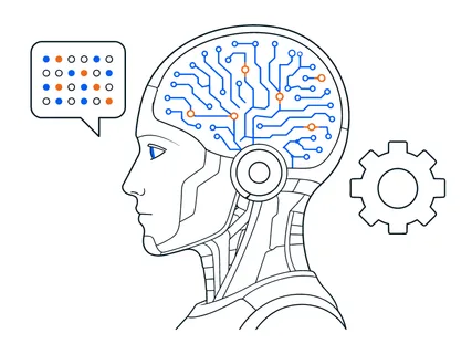 A minimalist illustration depicts a robot's profile with glowing circuits in its head and a speech bubble containing data points
