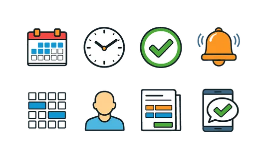 Appointment scheduling system: calendar, clock, checkmark, reminder bell, time slot grid, user profile, booking form, confirmation message.