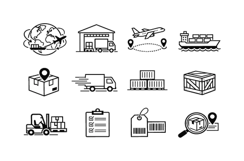 Global logistics network set: world globe with cargo route, warehouse with loading truck, airplane cargo route, ship cargo route, package with location pin, delivery truck with