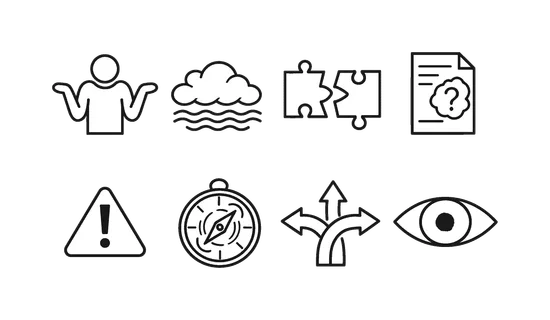 Uncertainty and doubt: shrug figure, fog cloud, broken puzzle, unclear document, warning sign, compass spinning, mixed signals arrows, eye with blur.
