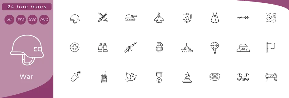 War: military helmet, crossed swords, tank side view, fighter jet, shield with star, dog tag, barbed wire segment, trench map with arrow, medic cross badge, binoculars, rifle outline, grenade, naval